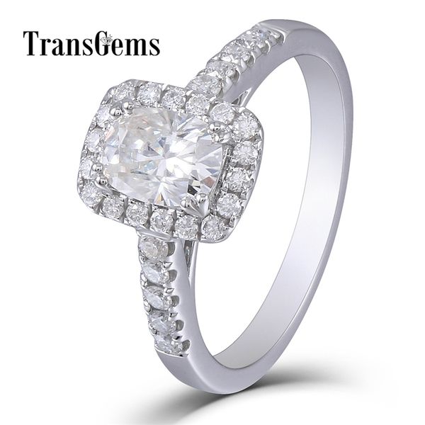 Transgems Halo Cushion Cut Gold Solid Gold noivado Center 1ct 5x7mm GH Cor 14K 585 Anel de casamento de ouro branco Y200620