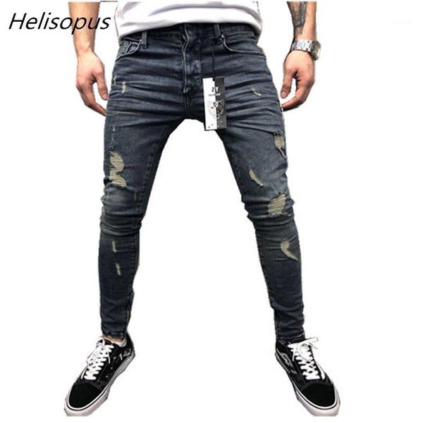 

helisopus 2018 autumn fashion men jeans stretch destroyed ripped skinny simple personality denim trousers1, Blue