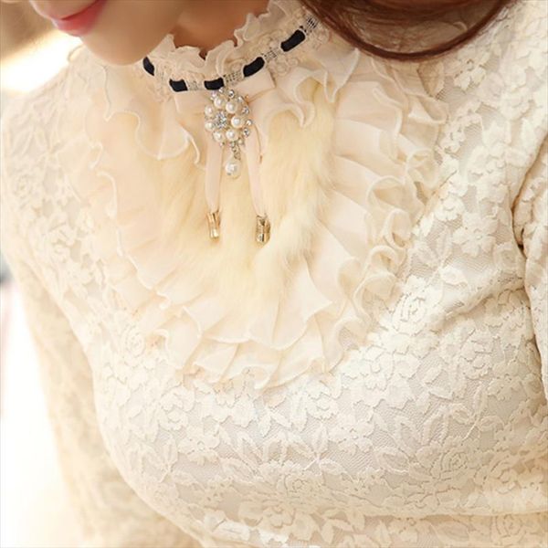 

2019 new ruffle pearl women blouse lace white office lady shirts long sleeved elegant solid slim bottoming shirts