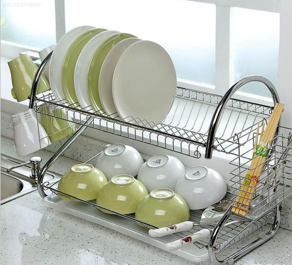 

large drying rack cup drainer 2-tier strainer holder tray stainless steel kitchen storage dish racksju0429