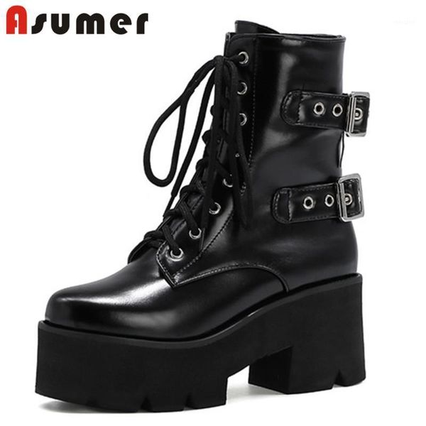 

boots asumer 2021 patent leather square heel platform shoes women ankle rivet buckle punk motorcycle woman1, Black