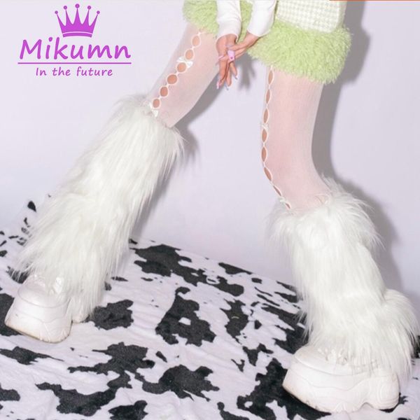 

japanese girl winter fashion warm furry leg warmer socks, Black;white