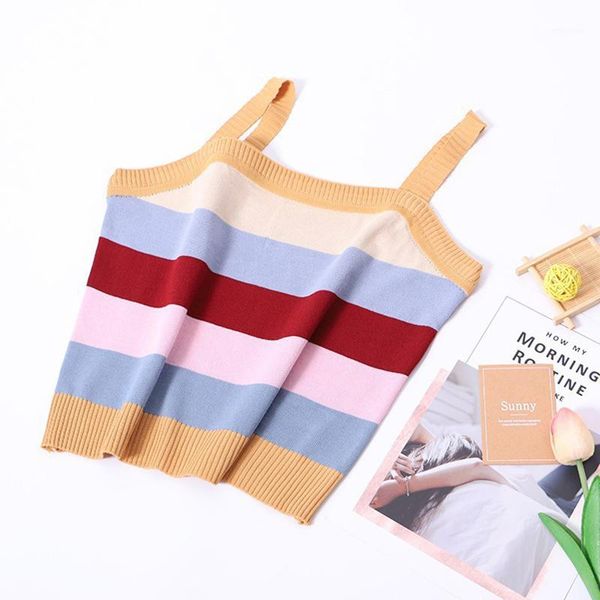 

colorful striped knitted sweater vest women spaghetti straps sleeveless ribbed cropped sweater summer jumper 2020 pull femme1, Black;white