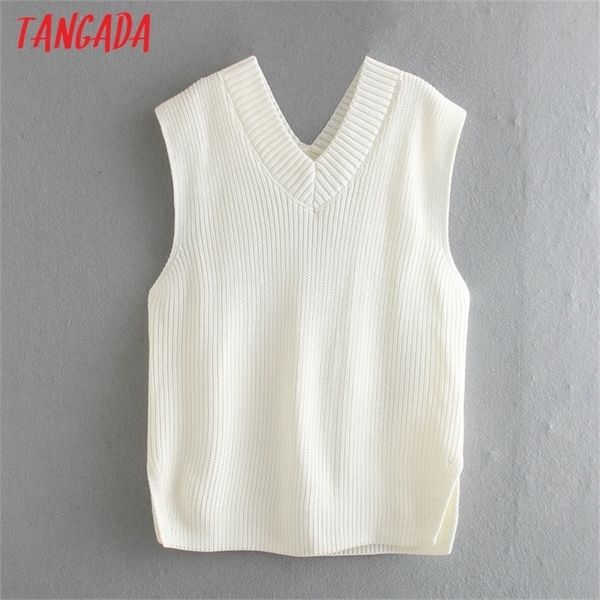

tangada women fashion v neck white oversized knitted vest sweater sleeveless female waistcoat chic qj58 y201128, White;black