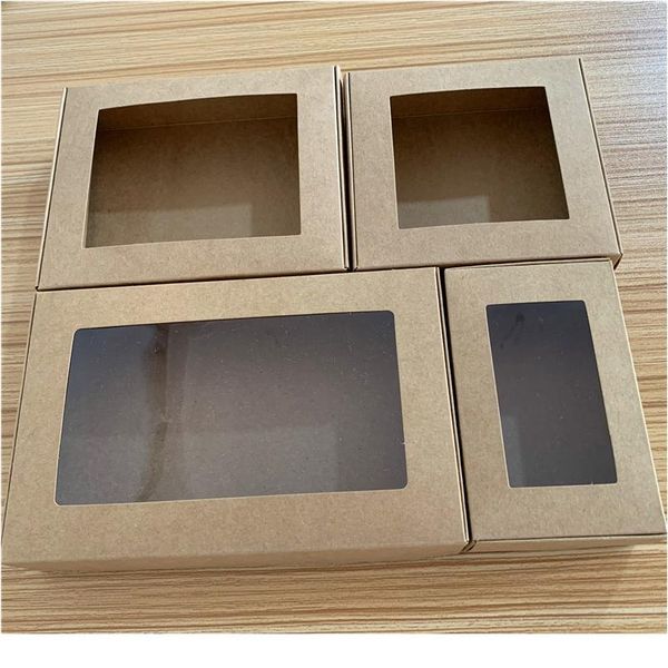 

10pcs multi size paper soap box kraft paper gift box package with clear pvc window candy favors arts&krafts display k bbyram
