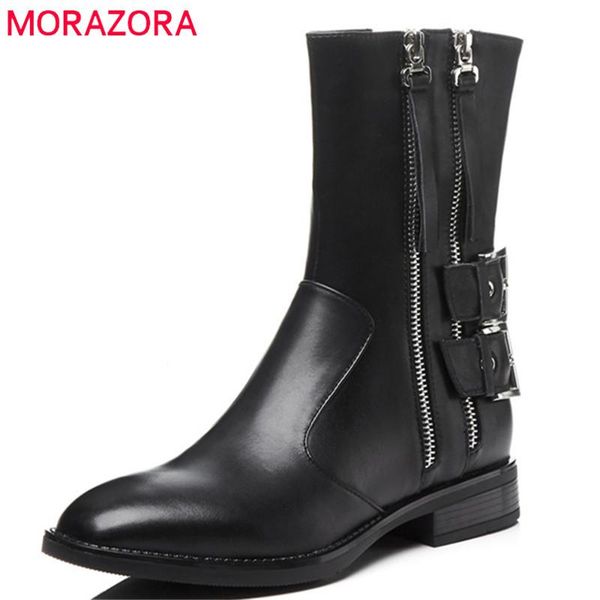 

morazora 2020 genuine leather ankle boots for women square toe autumn winter boots square heels punk shoes ladies, Black