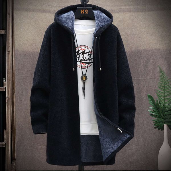 

men's autumn and winter plush thickened knitted cardigan korean fashion trend loose hooded sweater coat, Black