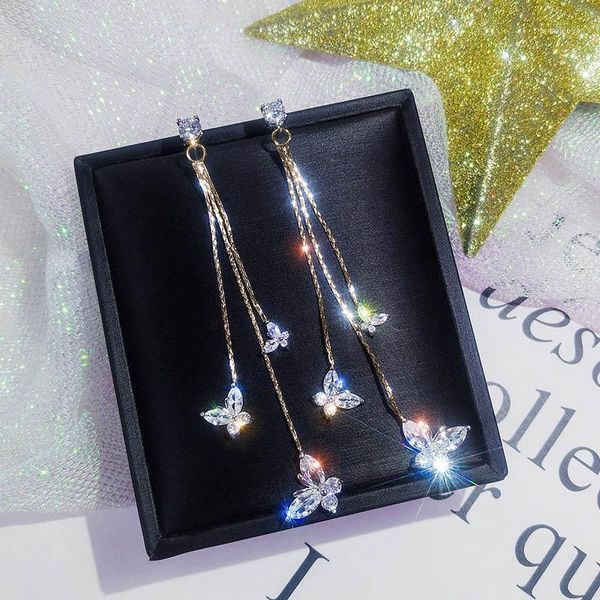 

1pair gold/silver color butterfly crystal tassel earrings long eardrop dangle earrings women pendientes jewelry accessories lb1
