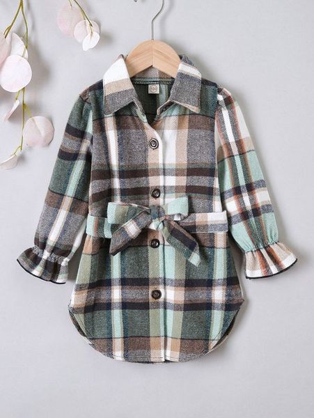 

toddler girls plaid flounce sleeve belted dress she, Red;yellow