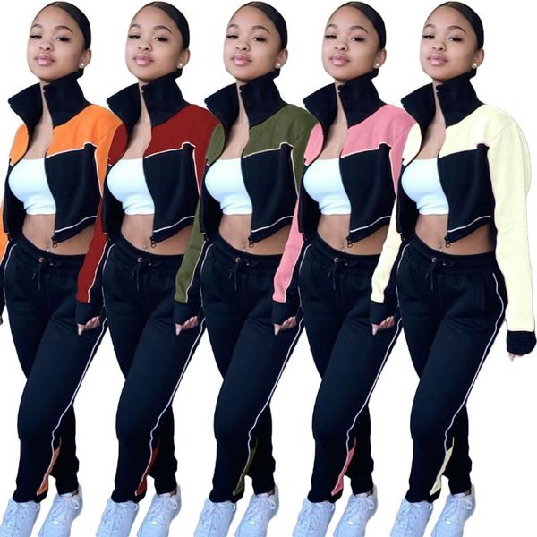 

women's tracksuits woman 2 piece jacket and pants set fashion suit 2021 patchwork zipper v neck long sleeves crop pockets women, Gray