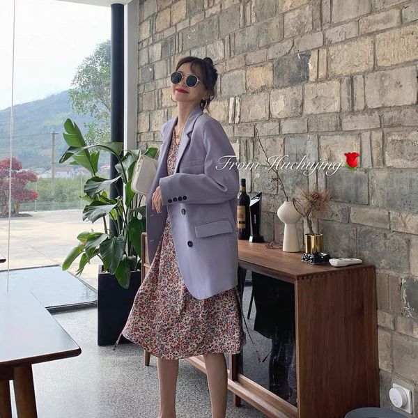 

korean fashion chic casual jacket women blazer female purple pockets coat vintage notched office lady outwears, White;black