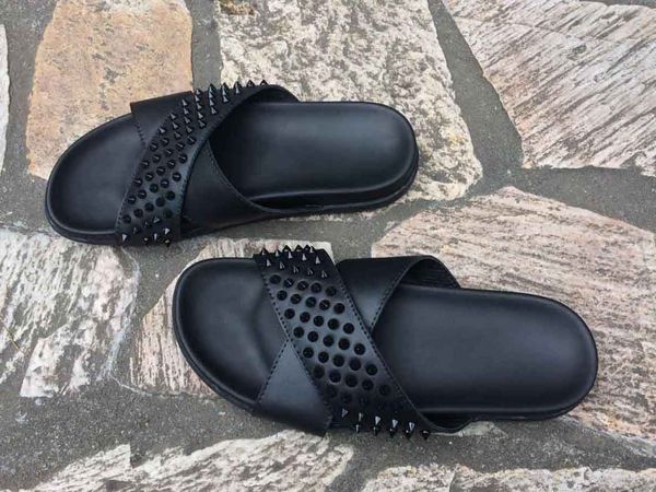 

mens red bottom sandals spikes slippers genuine leather sandals summer men's flat flip flops comfortable beach shoes for men slippe red, Black
