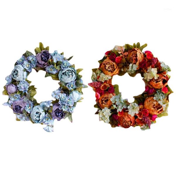 

simulation peony wreath rattan round garland decoration artificial flower fake flower door wall hanging ornament brown1