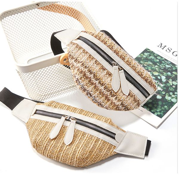 

2020 new fashion women designer handbags straw weave pockets sand chest female mobile phone packages waist blet pocket