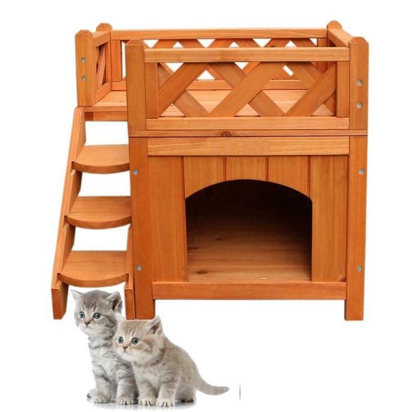 

new pet wooden cat house / kennel with balcony 2 layers wood color