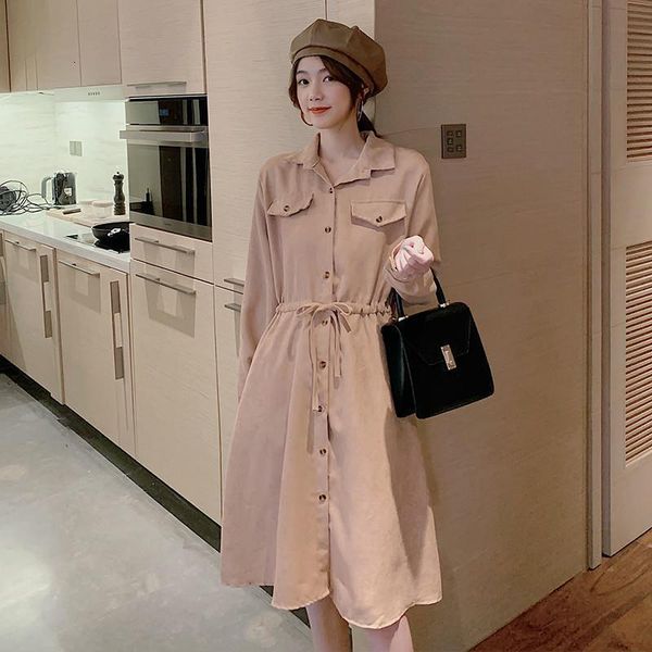 

women cotton dress long sleeve solid slim a-line woemn party dress fashion ladies single breasted casual polo collar dress, Black;gray