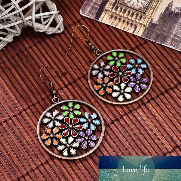 

vintage bohemian boho ethnic antique flower oil drip hollow round drop earrings for women fashion jewelry accessories, Silver