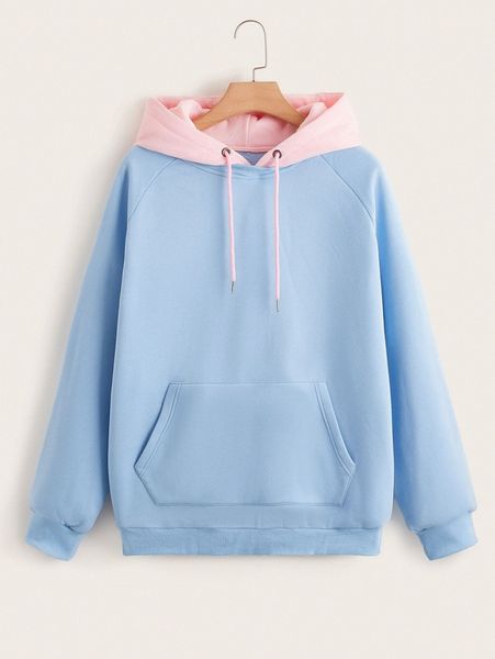 

plus kangaroo pocket raglan sleeve drawstring hoodie 96u3#, Black