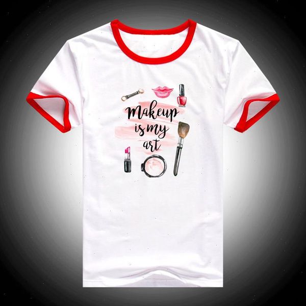 

2021 summer style women t shirt up and makeup is my art pink prints t shirt femme hipster cool ladies casual, White