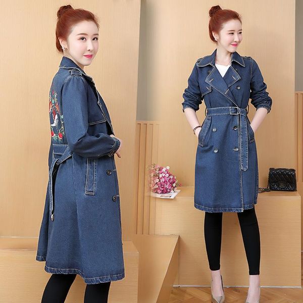 

women's jackets cotton plus size women overcoat 2021 fashion loose plant blue printed long denim jacket autumn and winter jeans 3xl 4xl, Black;brown