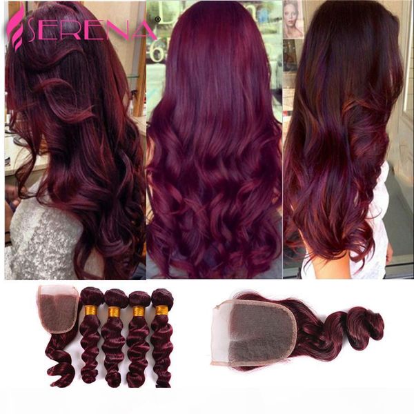 

7a rosa hair products brazilian peruvian malaysian indian virgin loose wave burgundy 99j wine red human hair extensions 5pcs lot, Black;brown