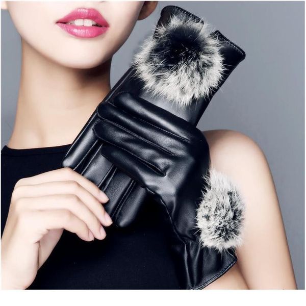 

1 pair women's glove faux leather winter driving gloves soft windproof gloves rabbit fur warm outdoor touch screen glove sqckwk, Black