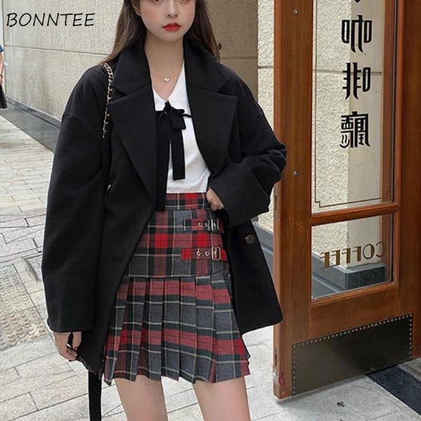 

women wool blends coat double breasted loose student all-match stylish korean style turn-down collar elegant overcoats elegant, Black