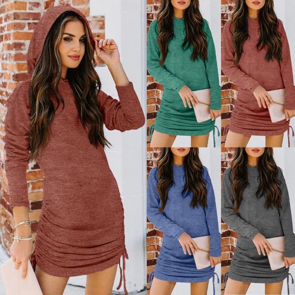 

4# women hooed dress long sleeve drawstring sweatshirt dress casual solid vestidos de verano party vintage cotton, Black;gray