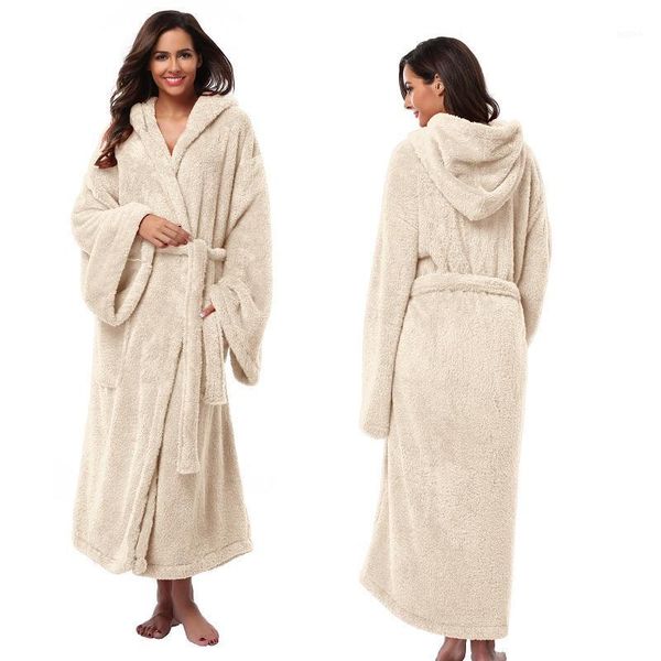 

women's hooded thick robes soft coral fleece warm long bathrobe plush kimono sleepwear nightgown winter spa robe with pocket1, Black;red