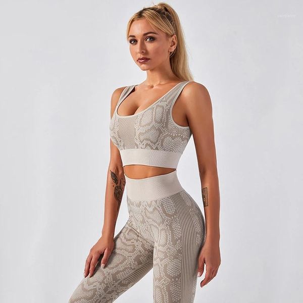 

yoga outfits 2pcs women set snake print short sleeve bra and high waist seamless sport leggings fitness running clothing set1, White;red