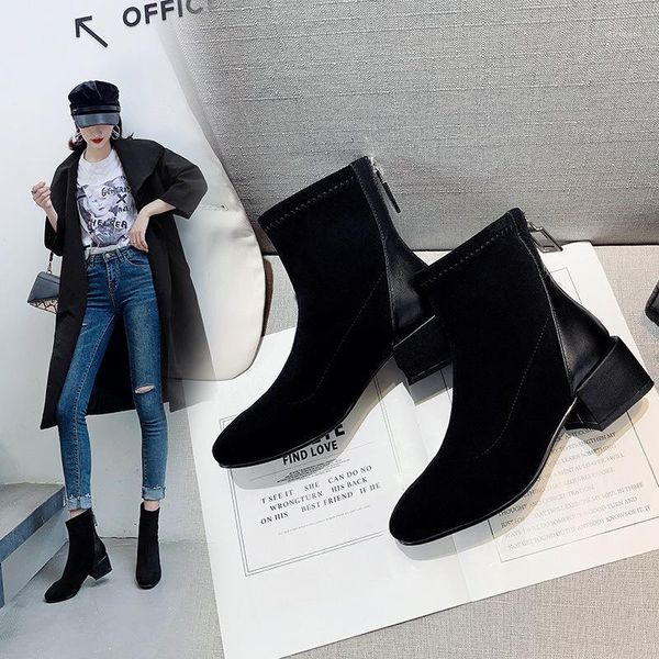 

boots women's 2020 autumn and winter new wild thick-heeled single boots short back zipper thin thin short women1, Black