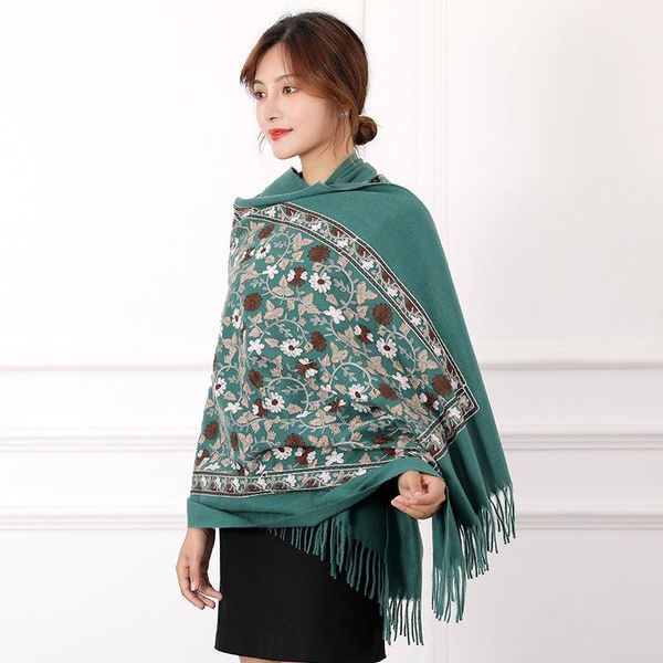 

scarves 2021 autumn and winter imitation cashmere embroidery women's scarf, thick embroidered tassel shawl, wild bib wholesale, Blue;gray