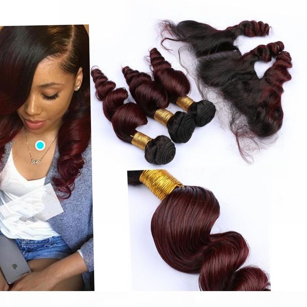

ombre indian human hair 3 bundles and closure frontal dark root #1b #99j ombre virgin bundle with closure, Black;brown