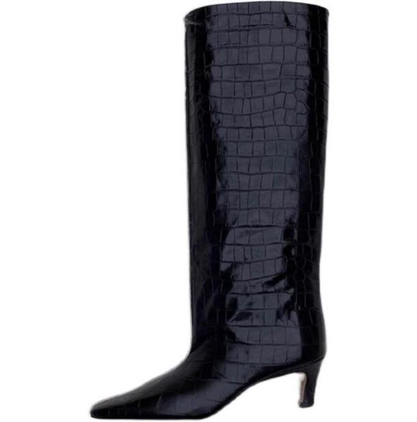 

boots dipsloot woman black brown crocodile pattern leather knee high 55 mm mid heels square toe loose tube long shoes