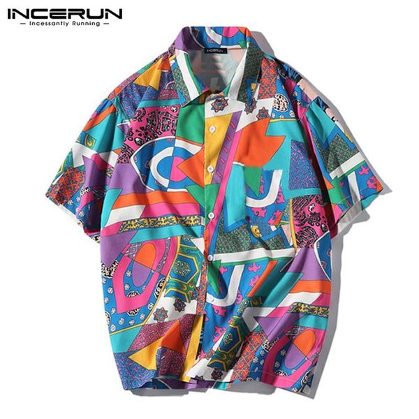 

incerun fashion men's shirt printed lapel funny short sleeve 2020 loose vacation brand camisa casual hawaiian shirt streetwear 7, White;black