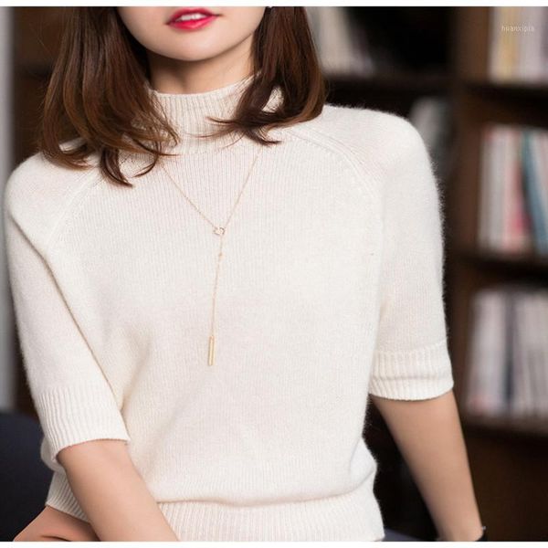 

spring and summer new women half high collar pullover fashion solid color cashmere vest loose casual short sleeve knitted shirt1, White;black