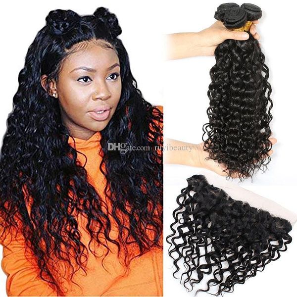 

indian virgin hair wefts with 13x4 lace frontal water wave bundles with lace frontal virgin hair extensions 8-30inch water wave curly, Black;brown