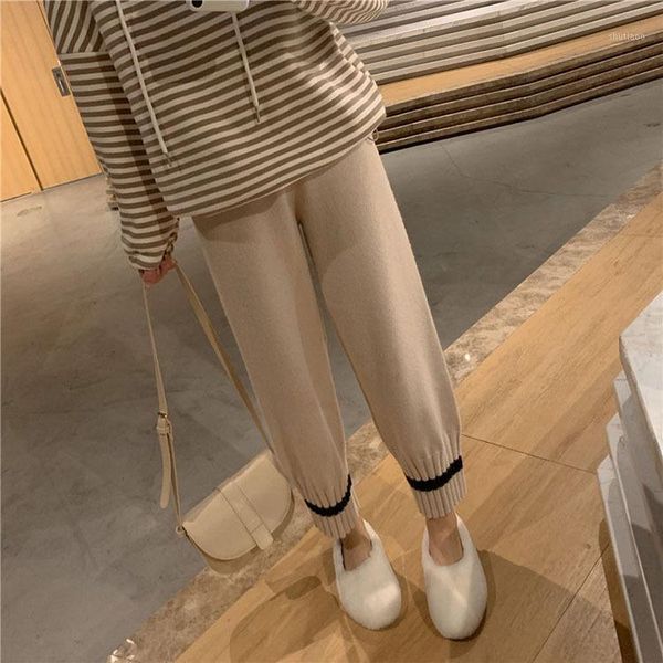 

color matching mouth relaxed joker radish trousers fashion elastic waist trousers grandma knitted leisure1, Black;white