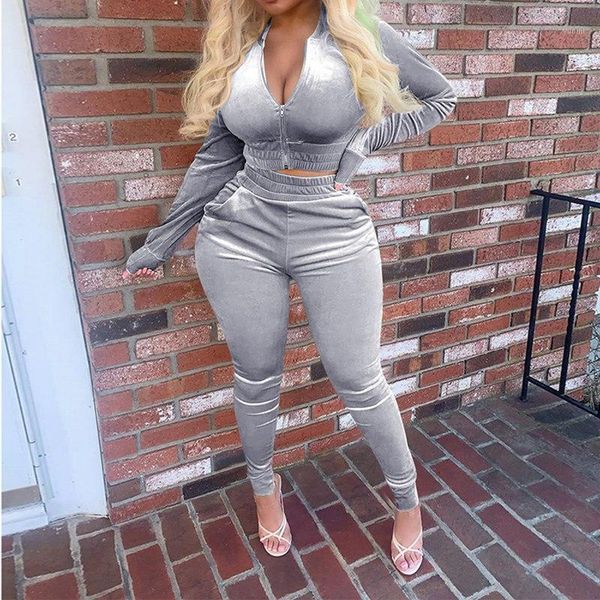 

women suits solid long sleeve autumn winter crop pants sets velvet tracksuit soft women zipper sweatpants suit outfits1, Gray