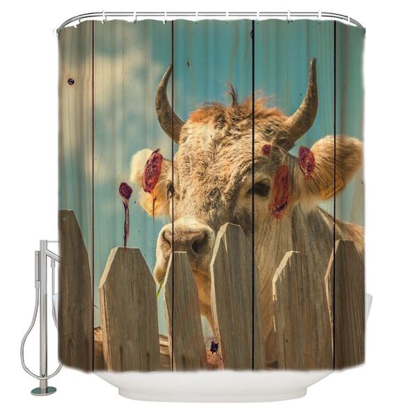 

shower curtain waterproof polyester with 12 hooks vintage wood grain background fence cattle