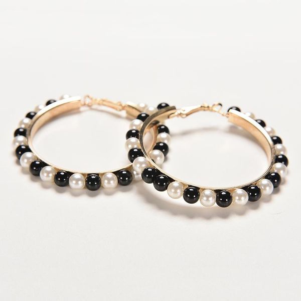 

women girls jewelry hoop earring black white pearl earring with stainless steel pin big circle loop earrings, Golden;silver