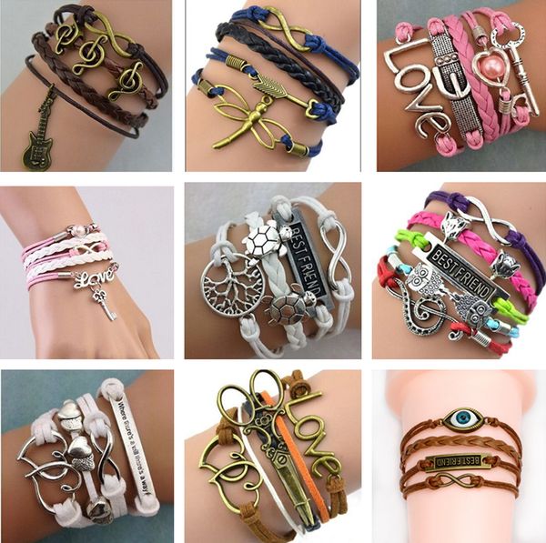 

45 styles bracelets musical note wax cords and leather weave leather bracelet christmas gift ing, Golden;silver