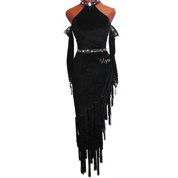 

stage wear latin dance costume of 2021 spandex tassel rhinestones dress for women competition dresses black, Black;red