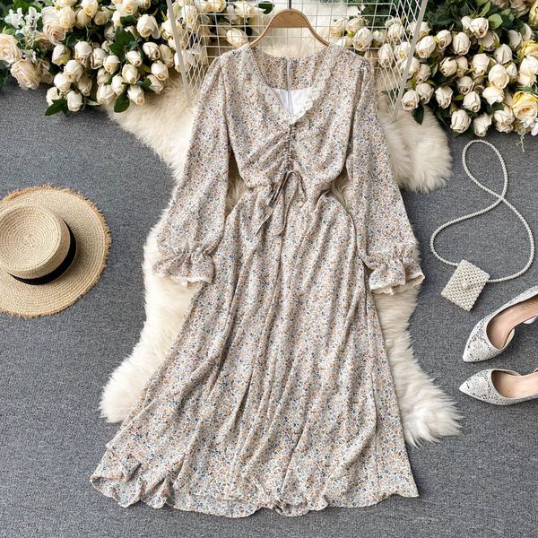 

2021 new female singiny bohemian flower sweet lace ruched neck puff the line autumn cord dressed printing bnr4, Black;gray