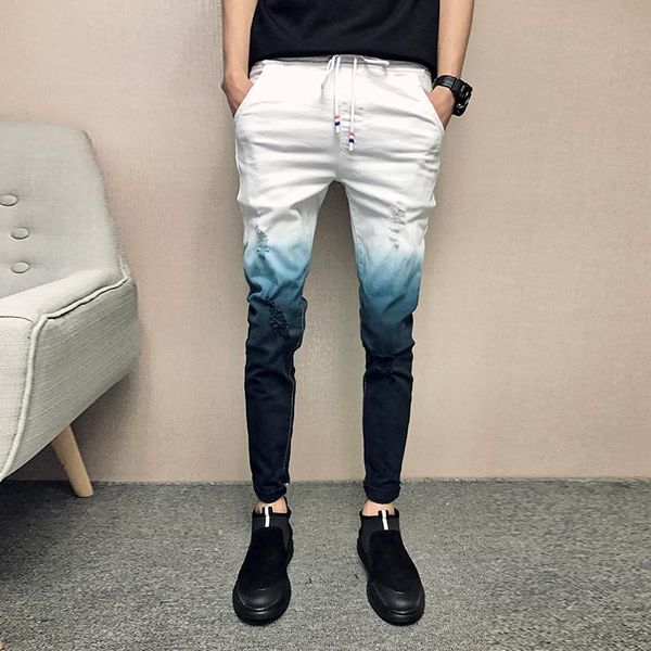 

quality men skinny jeans fashion 2021 summer gradient color slim fit ripped jeans men denim pants casual hip hop trousers 33, Blue