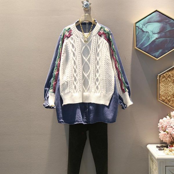 

ewq] 2019 winter new pattern round collar long sleeve fake two piece denim patchwork knitting casual sweater women ah567051, White;black