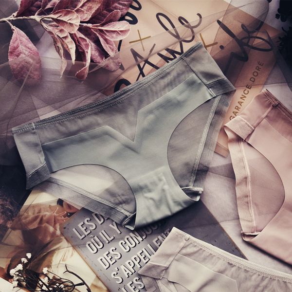 

ice silk traceless underwear simple mesh hollow transparent women's low waist buttock briefs, Black;pink