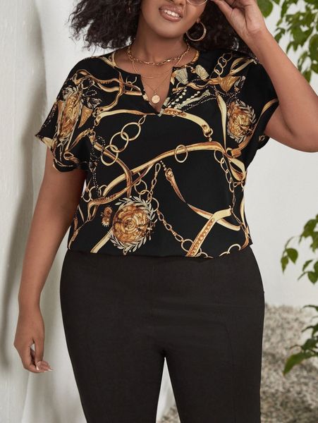 

plus chain print dolman sleeve v wired blouse l6dm#, Black;gray