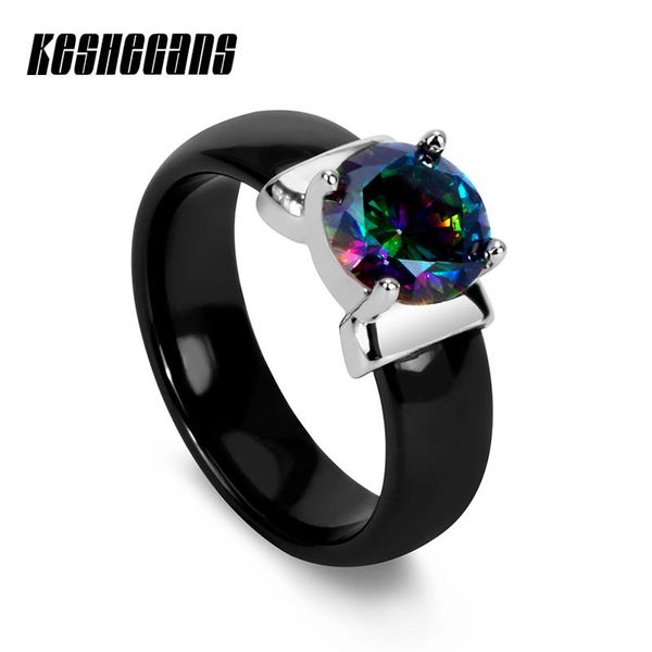 

wedding rings classic black white 6mm ceramic ring with big colorful/white crystal cubic zirconia for women engagement fashion jewelry, Slivery;golden