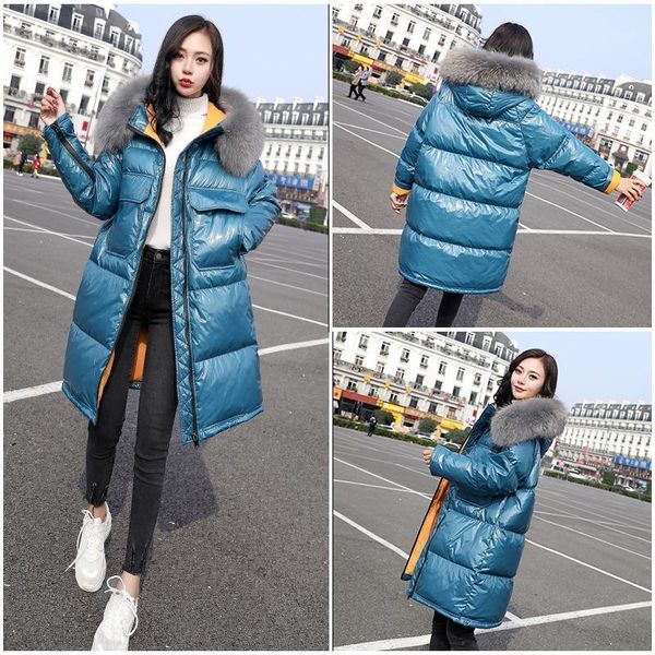 

2020 new women's fashion winter loose large size long down jacket female fur collar blue glossy 90% white duck down jacket1, Black